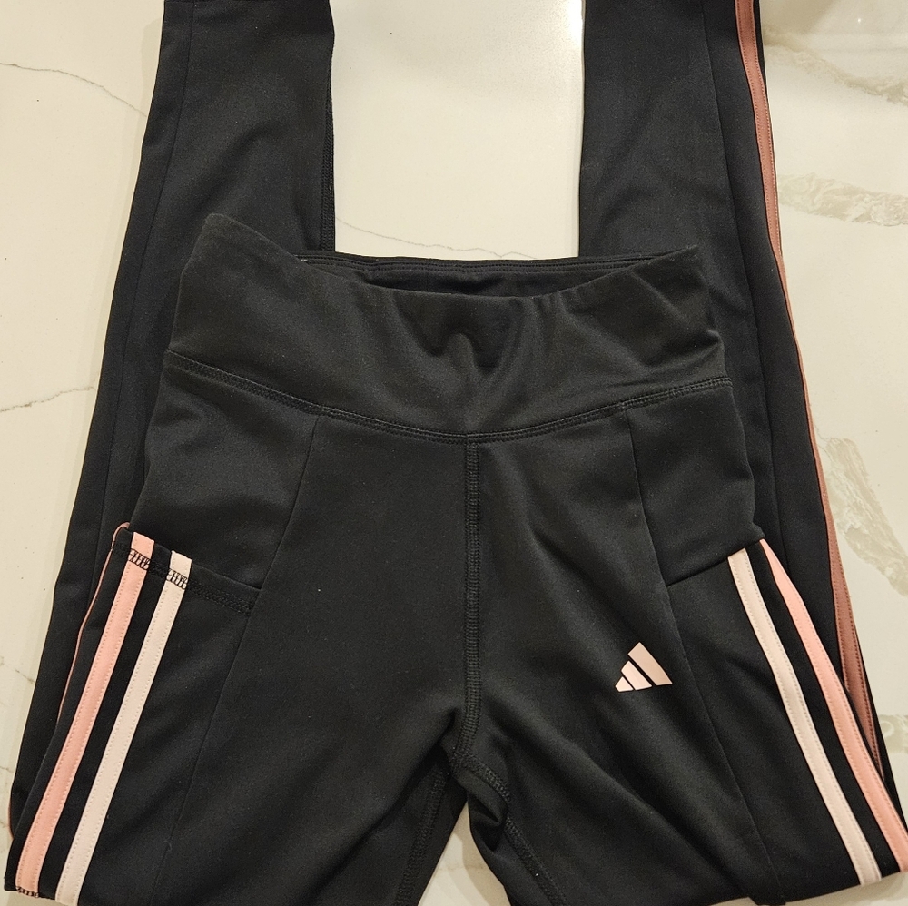 2/$20 Adidas Kids Leggings Black with Pink Stripes - Picture 2 of 3
